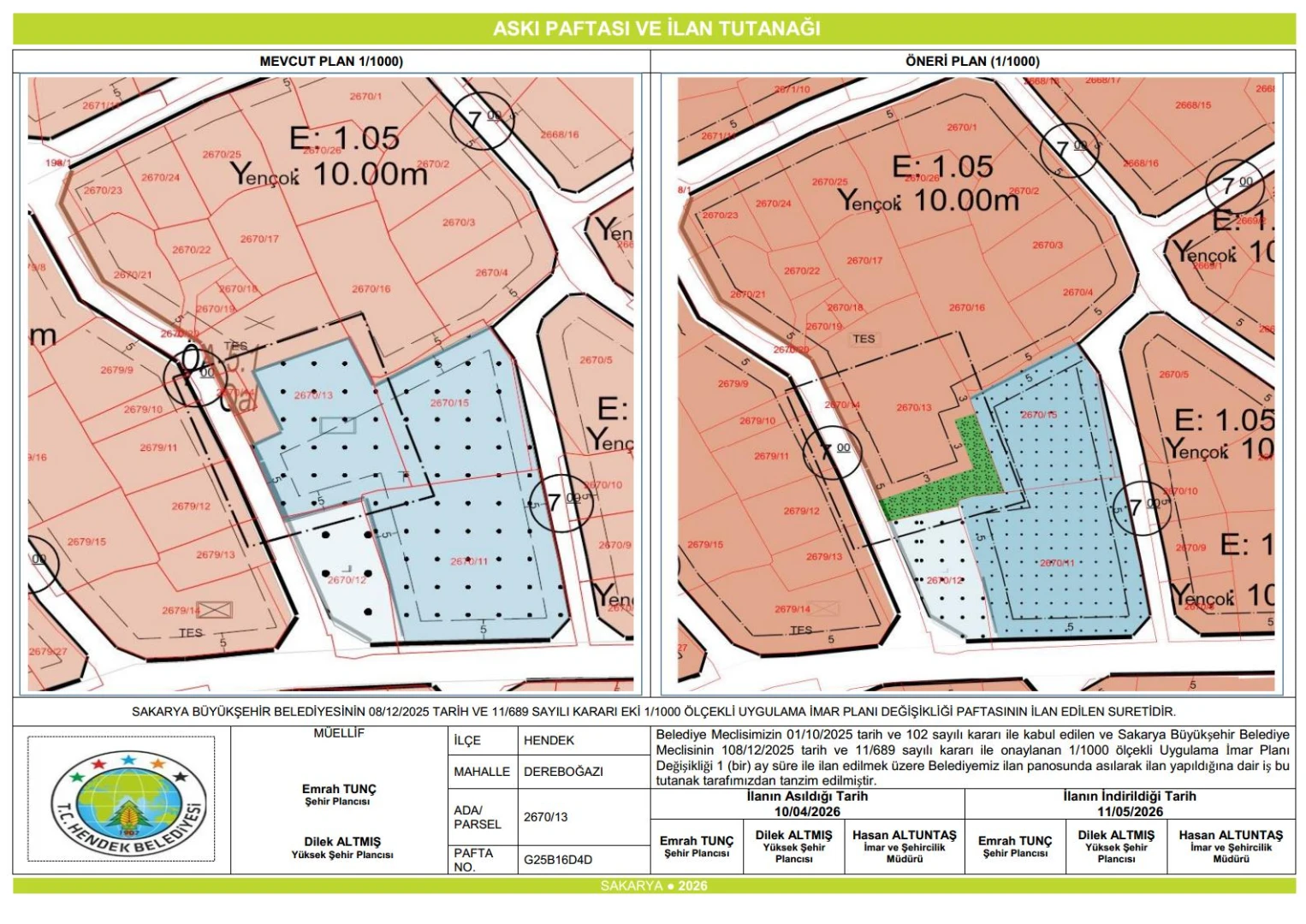 Dereboğazı Mah. 2670 Ada 13 Parsel Plan Değişkliği İlanı