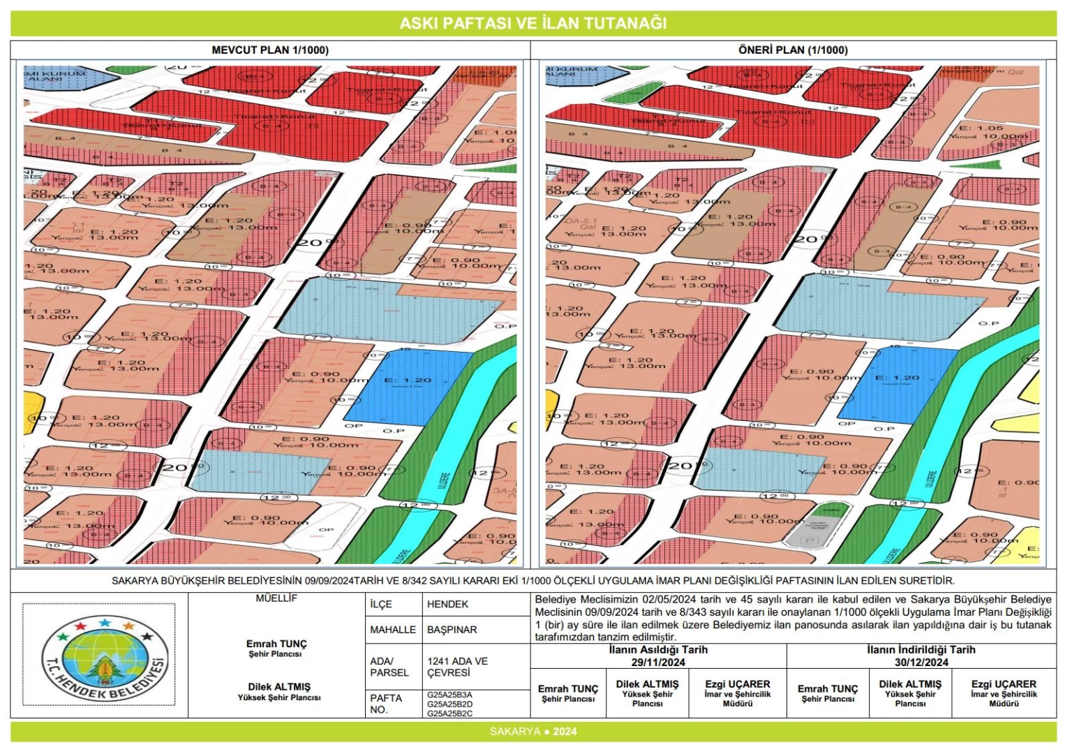 Başpınar Mahallesi 1241 Ada 1/1000 Ölçekli Plan Değişikliği Askı Tutanağı