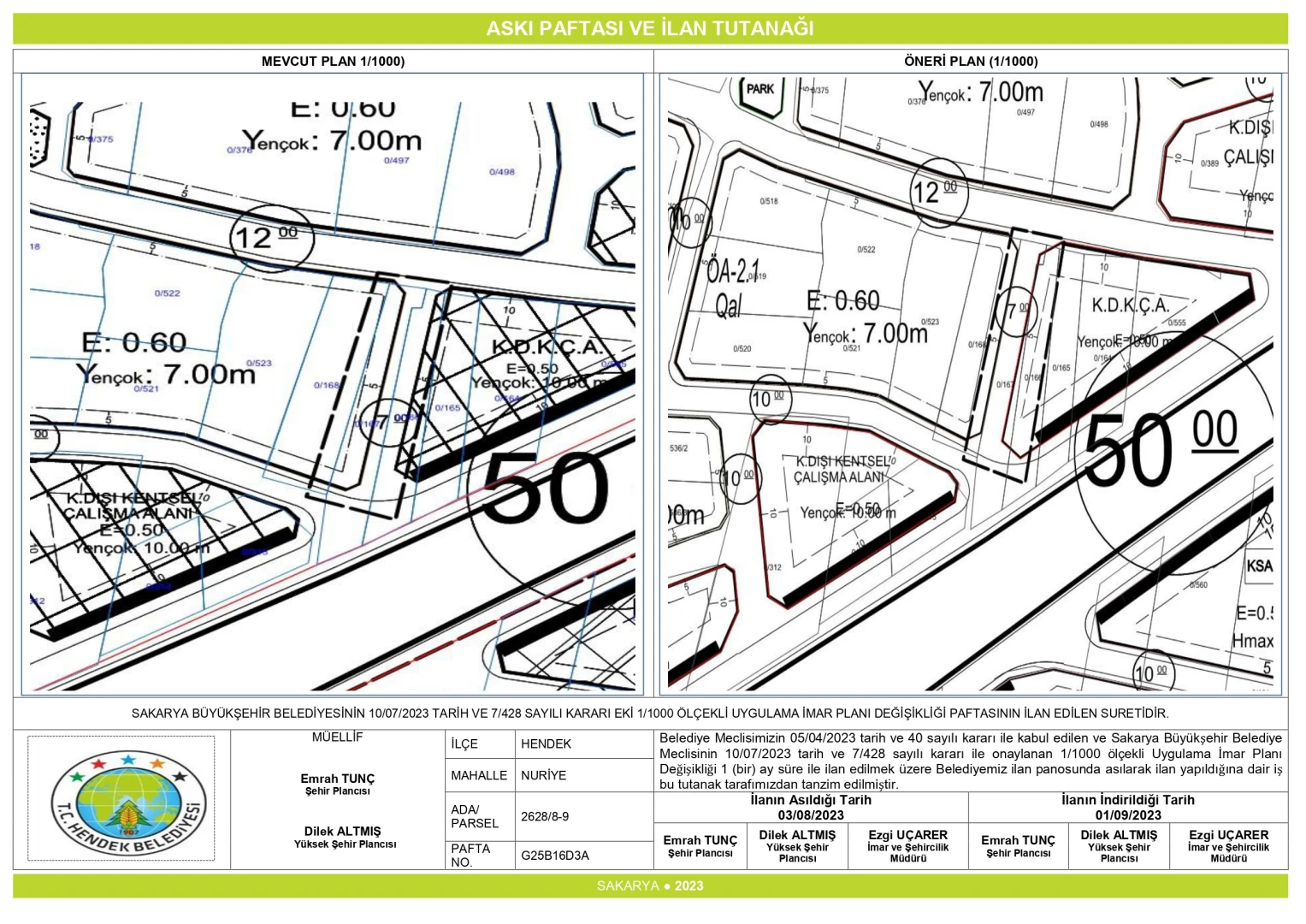 Nuriye Mah. 2628/8-9 Parseller 1/1000 Plan Değişikliği İlan