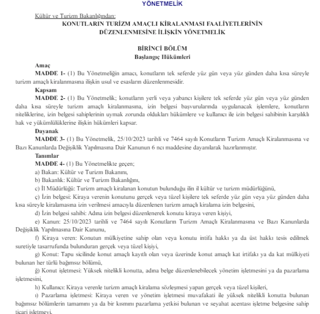 KONUTLARIN TURİZM AMAÇLI KİRALANMASI FAALİYETLERİNİN DÜZENLENMESİNE İLİŞKİN YÖNETMELİK
