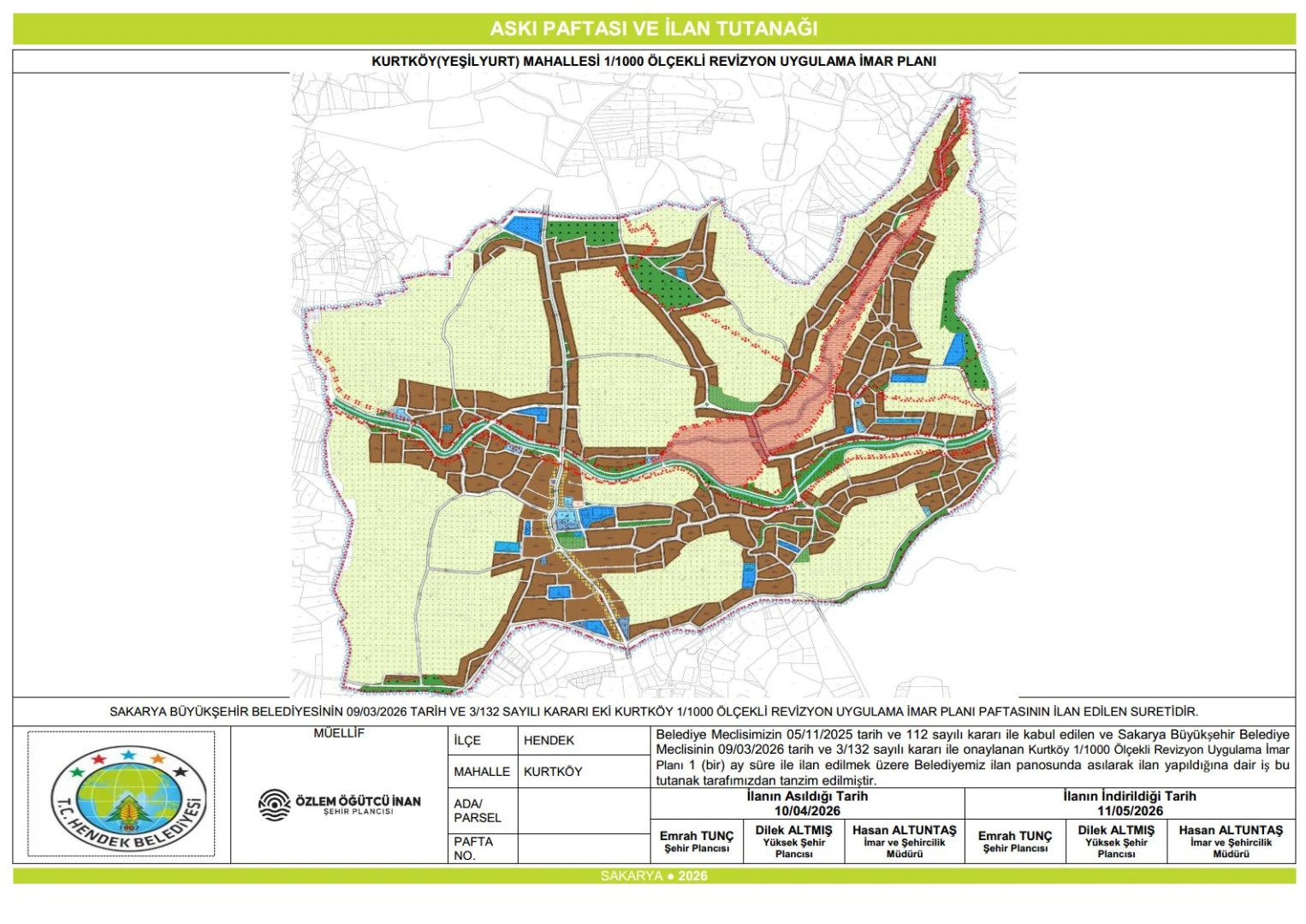 Kurtköy Mah. 1/1000 Ölçekli Revizyon Uygulama İmar Planı İlan